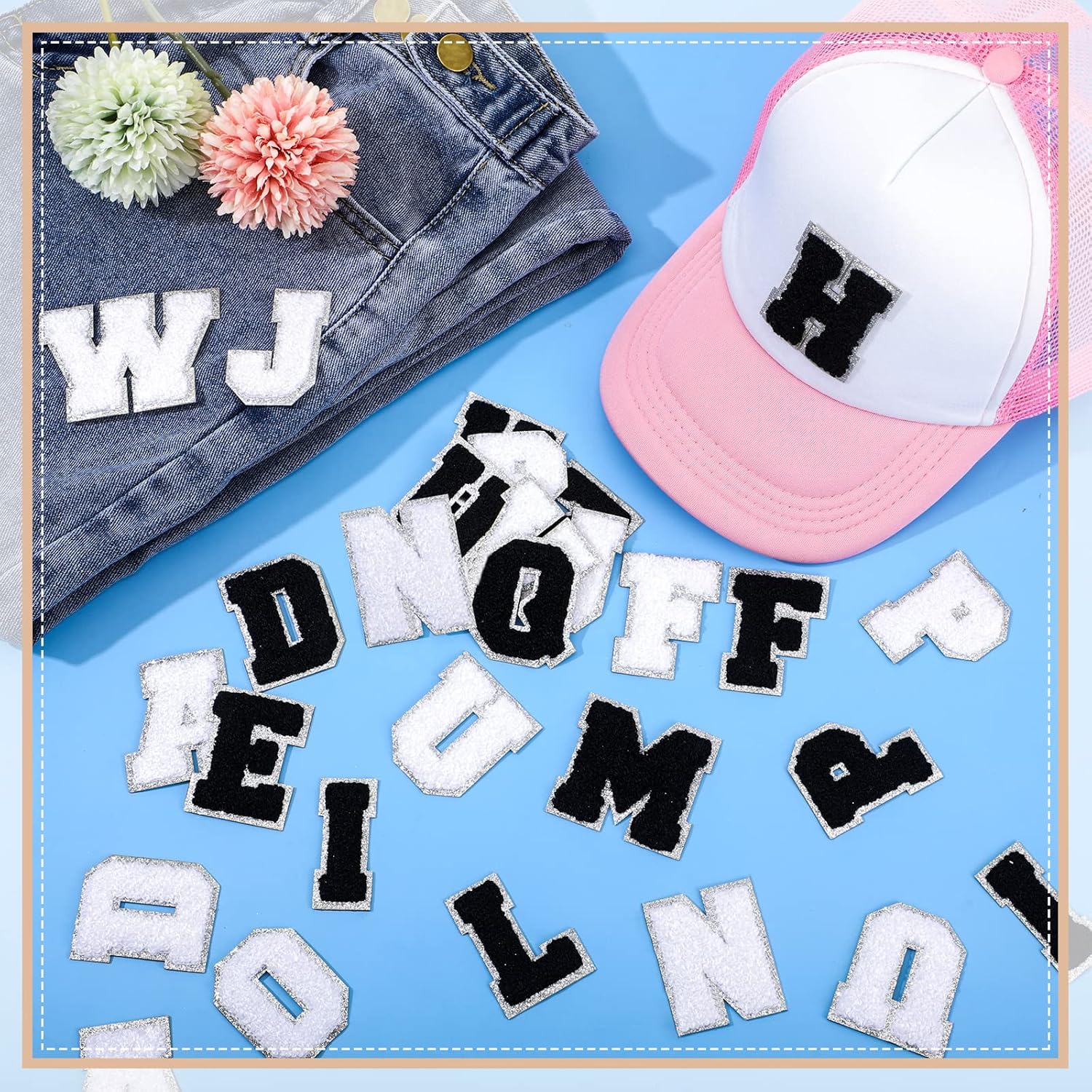 Retro Silver 104pcs Jutom 104 Pcs Self Adhesive Chenille Letter Patches Letter Patches Chenille Stick on Embroidered Patch for Clothing Jackets Backpacks Hats(Retro,Silver Edge)